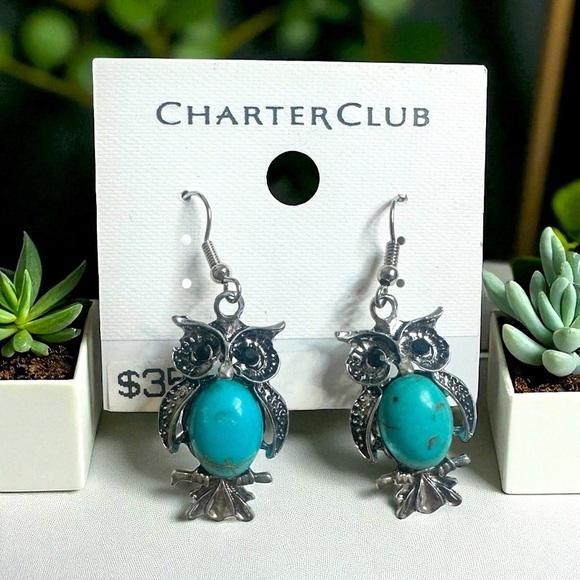 Charter Club Jewelry - Charter Club Owl Drop Earrings – Turquoise-Style Stones, Silver Tone